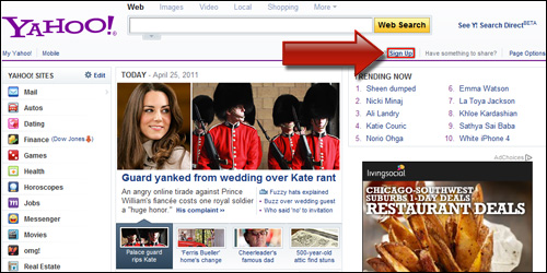 Yahoo sign up page