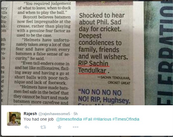 Times Of India Creates A Blunder Mistake Again Printing RIP Sachin