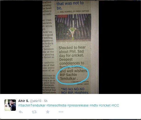 Times Of India Creates A Blunder Mistake Again Printing RIP Sachin