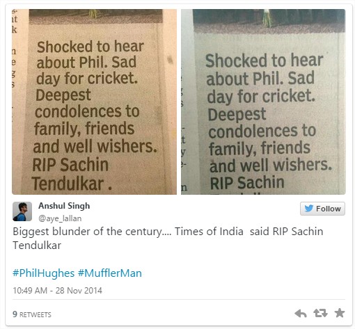 RIP Sachin Tendulkar, Times of India blunders again on Phillip Hughes death! Latest News & Gossip on Popular Trends at India.com