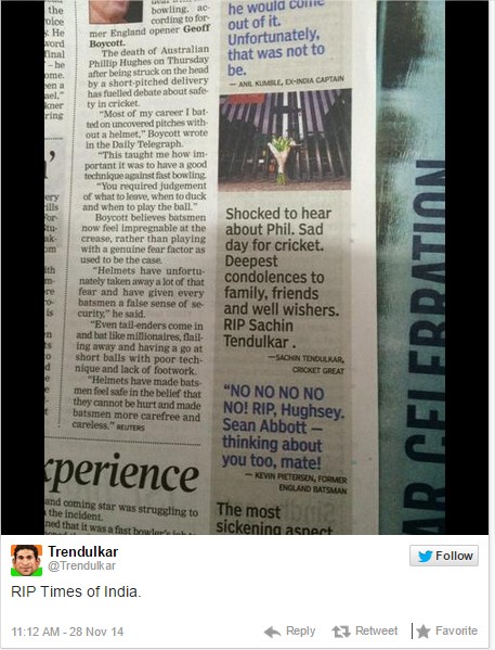 Times Of India Prints RIP Sachin Tendulkar Instead Of Phil Hughes - Google Chrome_2