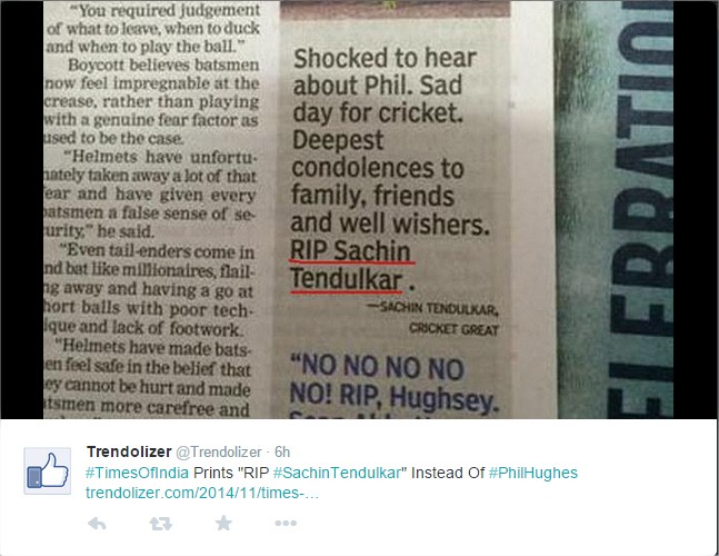Times Of India Creates A Blunder Mistake Again Printing RIP Sachin