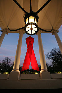  A large red ribbon hangs between columns in the north portico of the White House for World AIDS Day, 30 November 2007