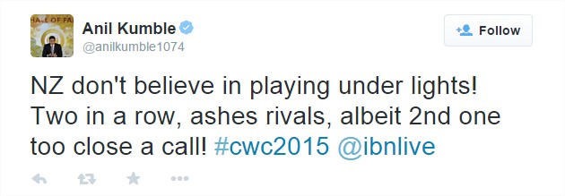 Anil Kumble on Twitter NZ don't believe in playing under lights! Two in a row, ashes rivals, albeit 2nd one too close a call! #cwc Australia Vs New Zealand Twitter Tweets and Reactions Eden Park, Auckland, ICC Cricket World Cup 2015