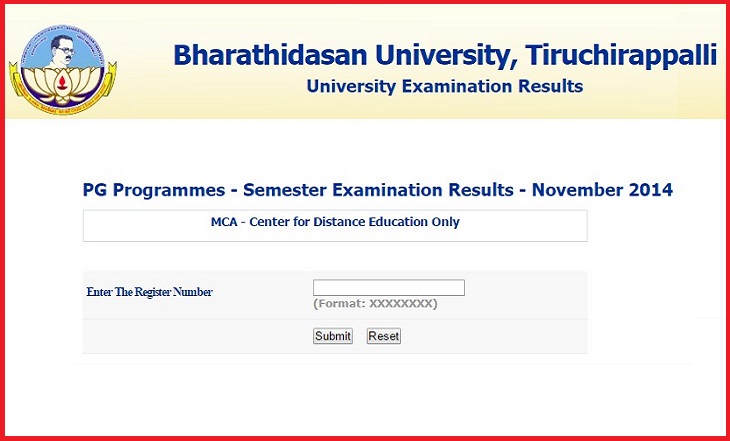 Bharathidasan University Results 2014 - Result of MCA DE Exam