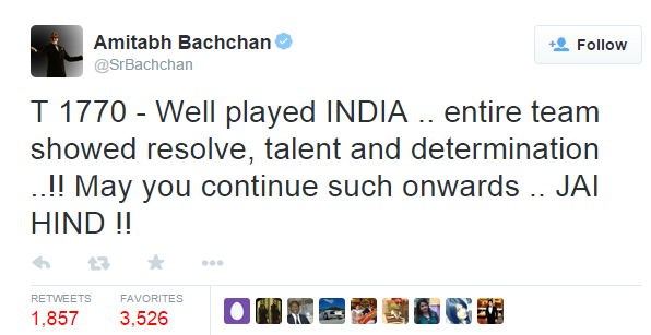 Amitabh Bachchan Twittes about well played India team