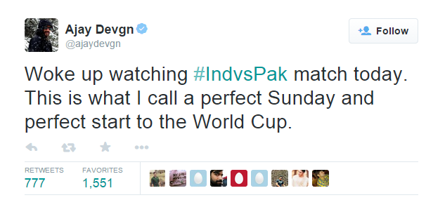 Ajay Devgn Twittes about India vs Pakistan as perfect Sunday match