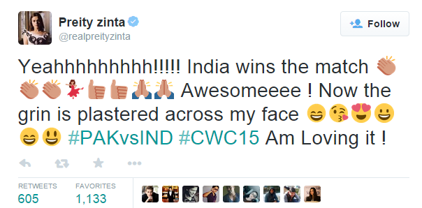 Preity Zinta Twittes about india wins the match as she loving it