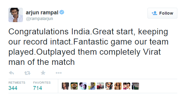 Arjun Rampal Twittes about congratulations India as India won the match