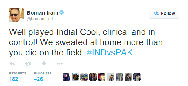 Boman Irani Twittes about well played India cricket Match