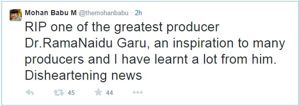 Mohan Babu Tweets about Rama Naidu Death
