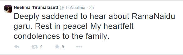 Tollywood Female Producer Neelima Tirumalasett Tweets about Rama Naidu Death