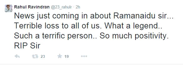 Tollywood Hero Rahul Ravindran Tweets about Rama Naidu Death
