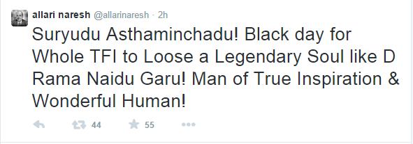 Tollywood Hero Allari Naresh Tweets about Rama Naidu Death