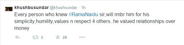 Tollywood and Kollywood acttress Khusbu Tweets about Rama Naidu Death
