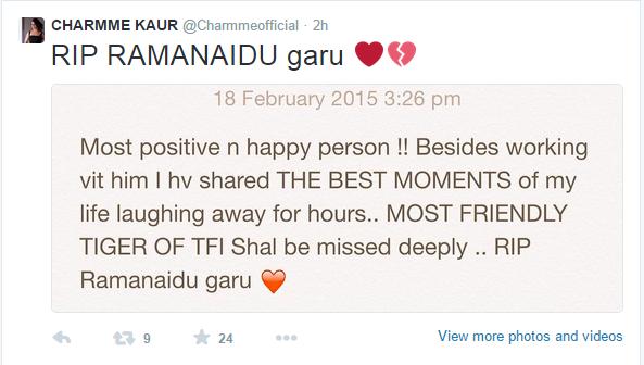 Tollywood sexy lady Charmee Kaur Tweets about Rama Naidu Death