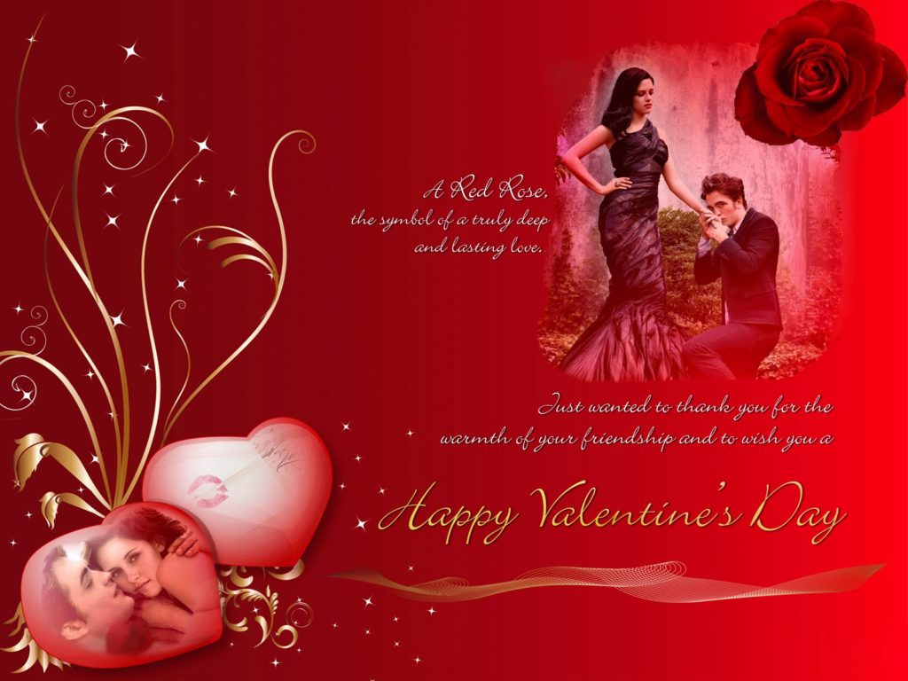  red background Valentines Day image with a boy kissing a girl
