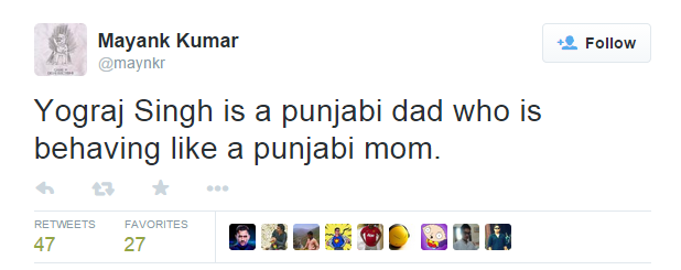 TWITTER user Mayank Kumar twittes about Yograj singh