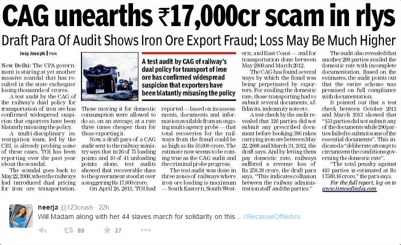 #BecauseOfNehru - Twitter tweet jawahar lal nehru and his congressmen UPA governments scams