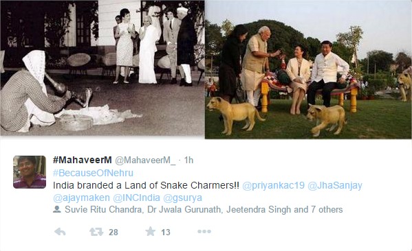 #BecauseOfNehru - Twitter tweet tweeted by #MagaveerM as India as Snake charmers
