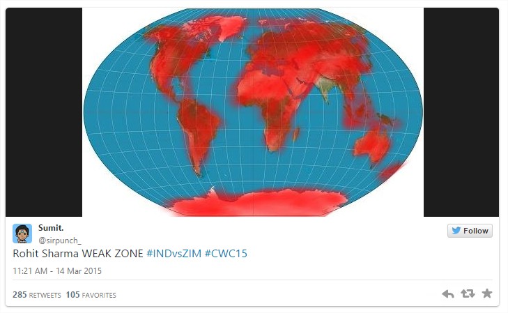 Sumit Tweets on ICC World Cup 2015 India vs Zimbabwe as Rohith Sharma's weka zone is rest of world nt india