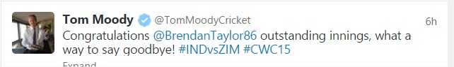 Tom Moody tweets on his outstanding batting @ ICC Cricket World Cup