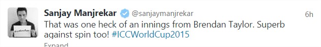 Sanjay Manjrekar tweets on his outstanding batting @ ICC Cricket World Cup