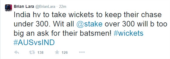 Brian Lara (@BrianLara) Twitter tweet on AUS vs IND 2nd Semi-Final - Live score, commmentary