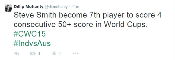 Dillip Mohanty (@dkmohanty) Twittertweet on AUS vs IND 2nd Semi-Final - Live score, commmentary