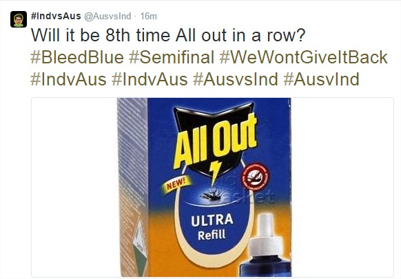 #IndvsAus (@AusvsInd) Twitter tweet made expecting India' consecutive 8th victory in ICC World Cup 2015