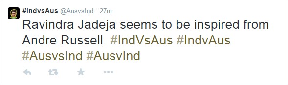 #IndvsAus (@AusvsInd) Twitter tweet made sarcastically on Ravindra Jadeja playing ICC World Cup 2015