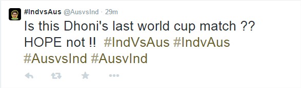 #IndvsAus (@AusvsInd) Twitter tweet made on MS Dhoni's captaincy for ICC World Cup 2015
