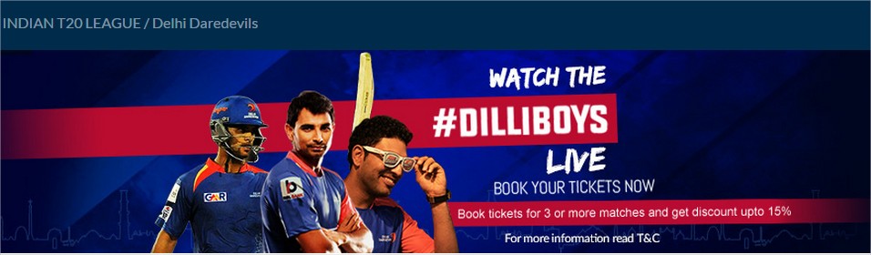 Buy Delhi Daredevils Tickets Online 2015. DD T20 matches Ticket Booking.