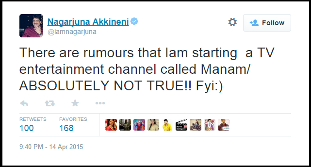 Nagarjuna twitted about TV entertainment channel called Manam