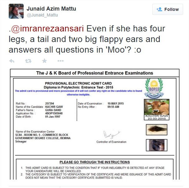 Junaid Azim Mattu tweet of Cow gets hall ticket and admit card 
