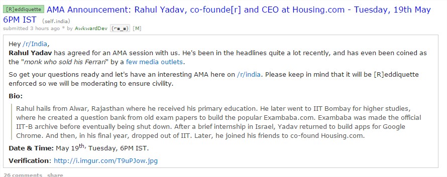 AMA Announcement Rahul Yadav, co-founde[r] and CEO at Housing.com - Tuesday, 19th May 6PM IST india -