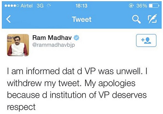 BJP Leader Ram Madhav's apologies Tweets 