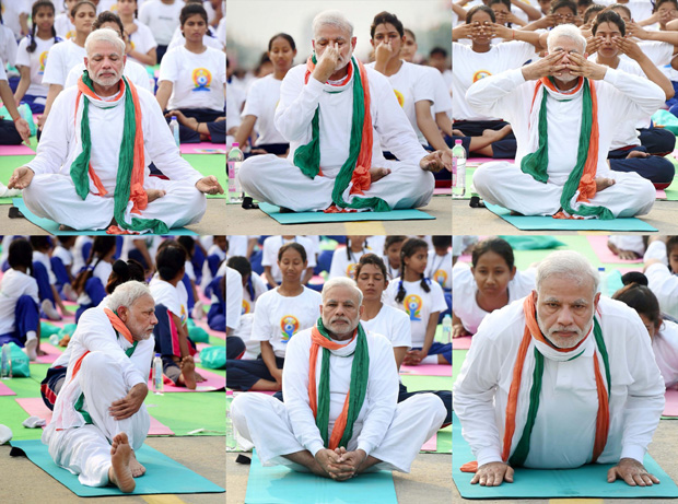 New Delhi: **COMBO** Prime Minister Narendra Modi performs Yoga as he attends a mass yoga session on International Yoga Day at Rajpath in New Delhi on Sunday. PTI Photo by Manvender Vashist (PTI6_21_2015_000297B)