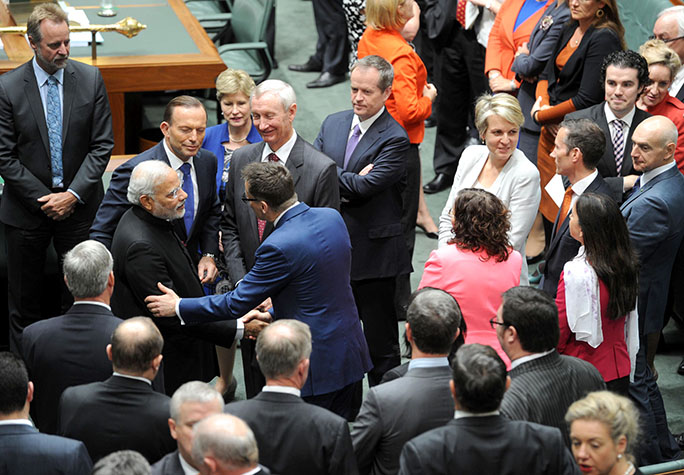 The Prime Minister, Shri Narendra Modi shaking hands with the Australian Parliamentarians, after addressing joint session of Australian Parliament, at Parliament House, in Canberra, Australia on November 18, 2014.
