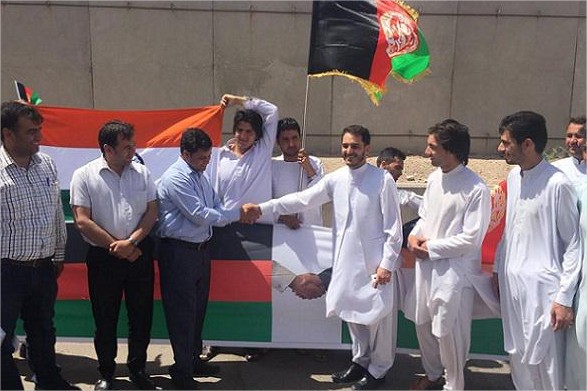 Afghna locals greeting and expressing their gratitude towards Indian officials at embassy 