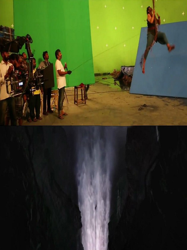 baahubali vfx shot while climbing hill with rope
