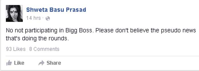 ‘Makdee’ actress Shweta Basu Prasad denies rumours of featuring in ‘Bigg Boss 9’