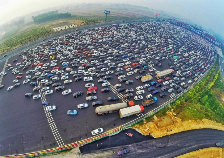 Vehicles stuck in traffic jam in China
