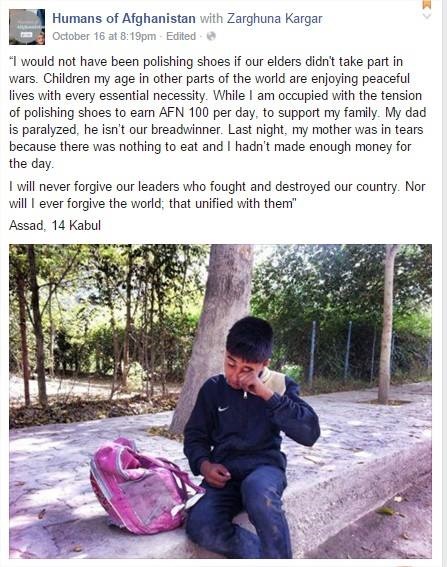 Humans of Afghanistan posted about 14 years old Assad 