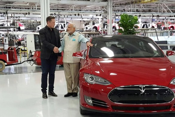 PM Modi with Tesla-Model-S
