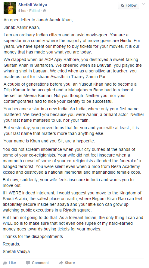 Open letter to Aamir-Intolerance India..