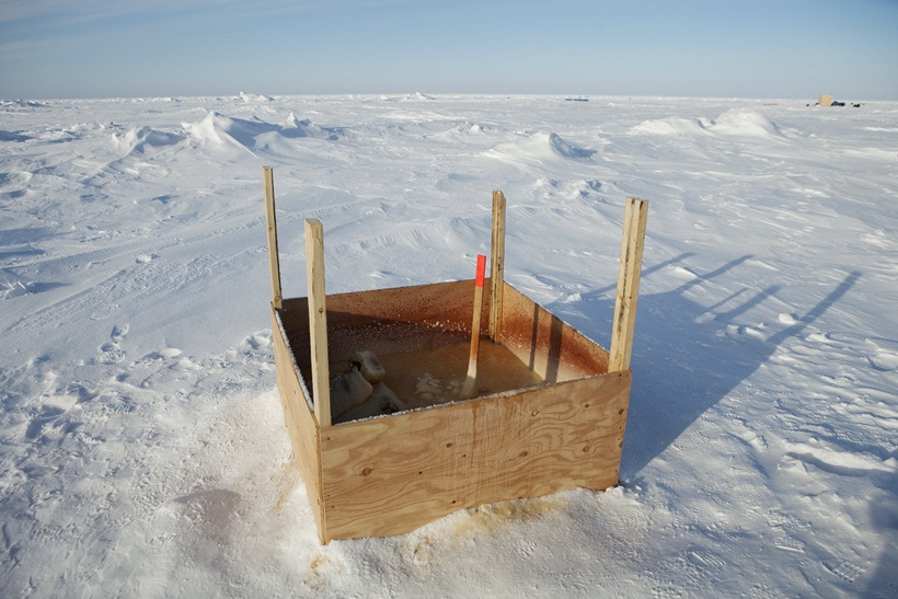 A public toilet stands surrounded by snow near the 2011 Applied Physics Laboratory Ice Station north of Prudhoe Bay, Alaska