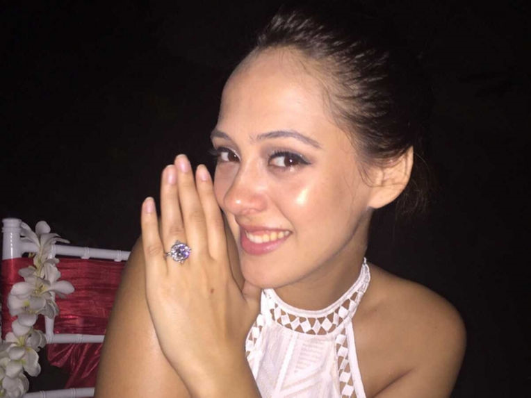 Hazel Keech showing her engagement ring