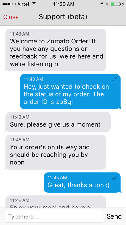 In-app chat feature - Zomato