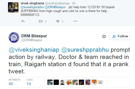 Fake Tweet for help to Suresh Prabhu